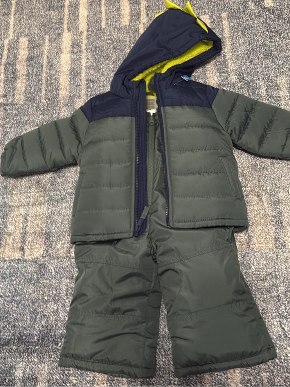 Carter's Gray and Neon Green Dino Kids Winter Snowsuit Set 18m NWT
